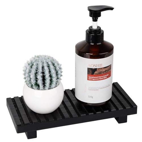 Bathroom Tray Rustic Farmhouse Decor Wood Stand, 10" * 4.5" Black | Waterproof, Lightweight, Easy Clean, Wood Riser Kitchen soap holder Accessories for Office Desk, Vanity, Counter, Sink - color: Black, size: 10" x 4.5" x 1.6"
