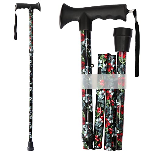 Walking Cane for Men and Women, Foldable - color: Black & Red Floral