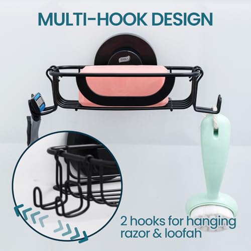TAILI Soap Holder, Soap Dish Suction Cup with Hooks, Stainless Steel, Black | Soap Dish for Shower, Bathroom Bar soap holder Shower Wall, Stainless Steel Sponge Holder for Tub Kitchen - color: Black