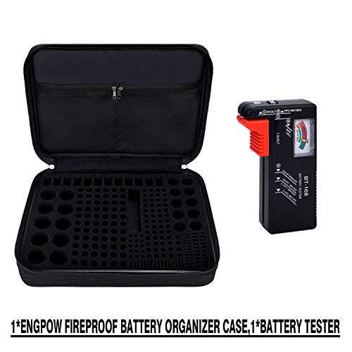 ENGPOW Battery Organizer Storage Box w/Tester,Protects Up to 220 Batteries | Fireproof,Water-Resistant,Explosionproof,Portable Battery Vault Carrying Case with Handle & Zipper, Safe for Home,Garage,Car