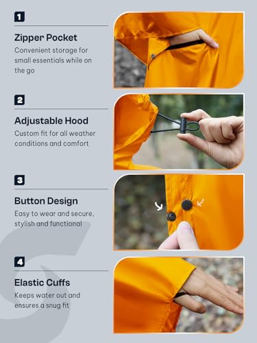 SaphiRose Adult Rain Poncho Waterproof Hooded Zipper Raincoat with Pockets - color: Orange