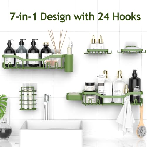 NESOMI Shower Caddy Adhesive Shower Organizer 7-Pack, Rustproof Stainless Steel Bathroom Shelves, Large Capacity No-Drill Rack Storage Accessories with Soap Dish Toothbrush Holder Hooks - color: Green, size: 7-Piece Set