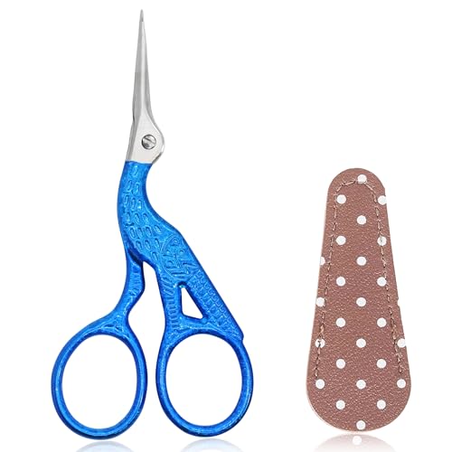 BIHRTC 3.6" Vintage Stork Scissors,Antique Metal with Leather Cover | Vintage Scissors Stainless Steel Scissors with Leather Cover for Threading Cross Stitch Cutting Sewing Handcraft Craft - color: Bright Blue, size: 3.6inch