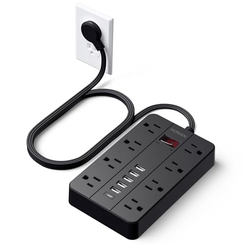 Power Strip with USB Ports, HUNIAN 5Ft Flat Plug Extension Cord, Black | 8 Widely Spaced Outlets 6 USB (1 USB C Port), Wall Mount Charging Station for Home and Office - color: Black, size: 5FT