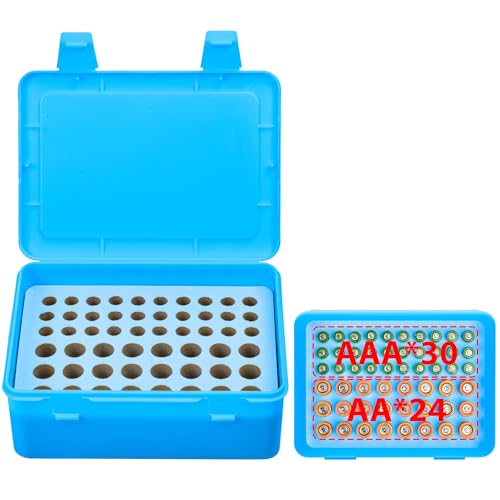 ALCYON Battery Organizer Box for 24 AA & 30 AAA Batteries-Blue | Plastic Box and Pre-Cut Foam Slots Keep Batteries Secure and Easy to Find, Locking Lid, Batteries Not Include - color: blue