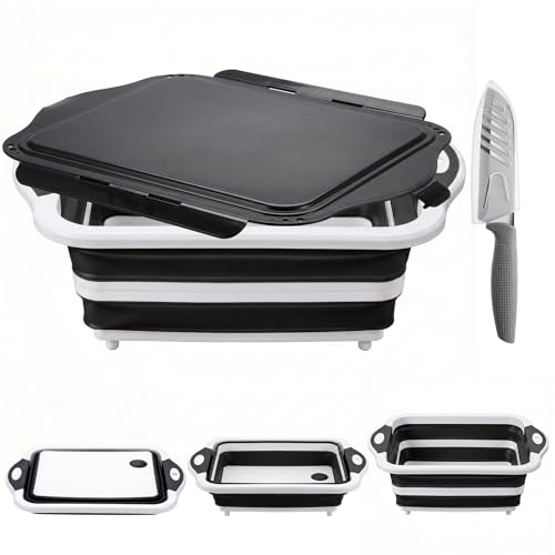 Collapsible BBQ Prep Tub with Lid, Foldable Camping Sink with Colander, Cutting Board, Dish Basin for Kitchen, Bowl, Vegetable and Fruit, Storage Basket for Picnic-Black - color: Black