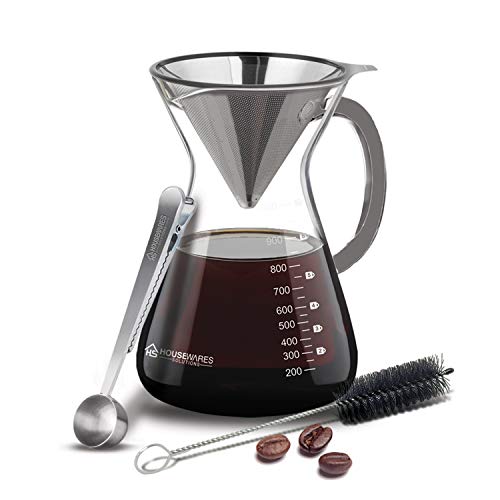 Pour Over Coffee Maker Set - 34 oz Large Borosilicate Glass Carafe, Thickened Rust Resistant Heat Resistant Double-Layer Stainless Steel Dripper/Filter with Coffee Scoop and Cleaning Brush