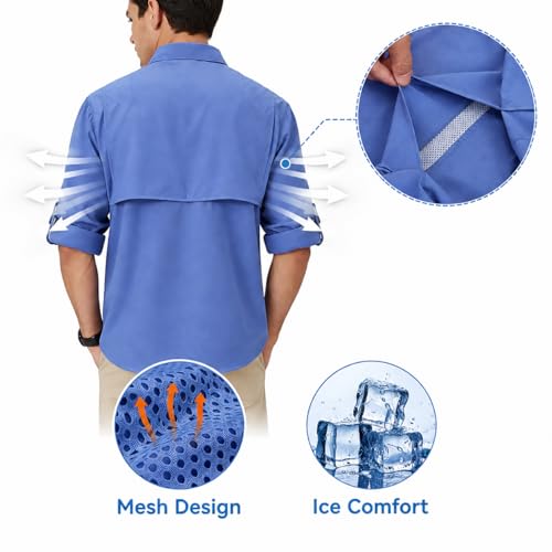 Ousafeve Men’s Fishing Shirts Long Sleeve Safari Button Down Shirts | Regular Fit, UPF 50+, Quick dry Cooling,Hiking, Safari, Travel Camping for Men - color: Light Blue, size: 3X-Large
