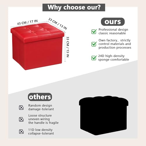 AmasSmile Ottoman with Storage,17" Folding Leather Foot Rest Chest,Red - color: Red 1 Pack, size: 17"*13"*13"inch