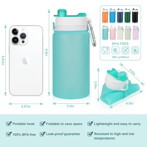 PLTCAT Collapsible Water Bottles, 19oz Foldable Silicone Travel Bottles | BPA-Free Silicone, Leak-Proof Lids, Dishwasher Safe, Carabiner Clips, Compact Roll-Up Design - color: Green