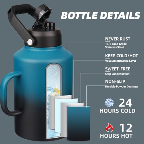 BJPKPK 128oz Stainless Steel Water Bottle, 1 Gallon Insulated Water Jug - color: Blue & Black, style: 128oz-Side Handle