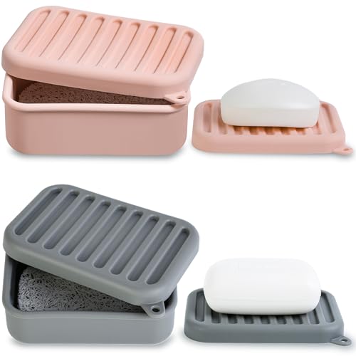MtBoi 2PC Portable Leakproof Travel Soap Case, Silicone Soap Holder, Compact Rectangular Soap Dish with Drainage Layer, Coral-Red&Deep-Gray, 2 Count, Shower - color: Coral-red&deep-gray