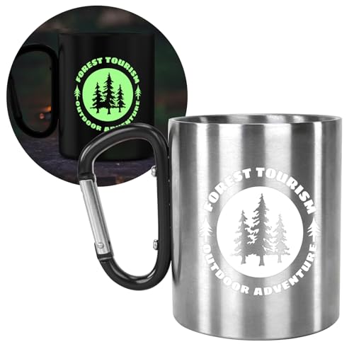 Glow-in-The-Dark Stainless Steel Camping Mug with Carabiner Handle | Double-Wall Vacuum Insulated, Compact & Lightweight 9.5oz Cup for Hiking, Backpacking - color: Black