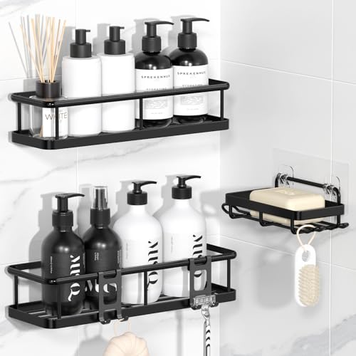 Shower Caddy Adhesive, Rustproof Shower Organizer with Soap Holder, Large Capacity Shower Shelves for Inside Shower, No Drilling Bathroom Organizers and Storage for Home Decor（3 Pack Black） - color: Black