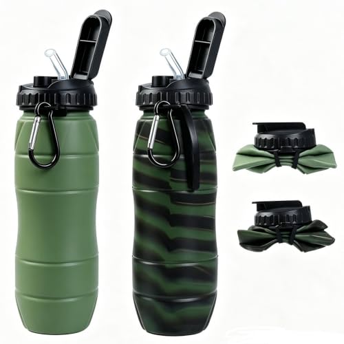Collapsible Water Bottles 22oz with Straw 2Pack Travel (Green+Camo green) - color: Green+Camo green