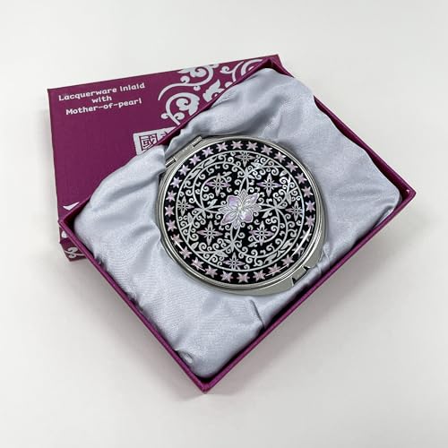 Portable Makeup Compact Double Magnifying Mirror Cosmestic Foldable Pocket Style Unique Mother of Pearl Design (Ivy) - color: Ivy