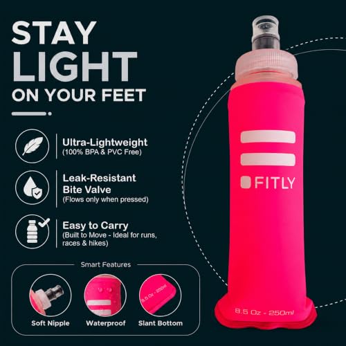 FITLY Soft Flask - Shrink As You Drink Soft Water Bottle for Hydration Pack - Folding Water Bottle Ideal for Running, Hiking, Cycling, Climbing & Rigorous Activity - color: Pink, size: 8.5 Ounces