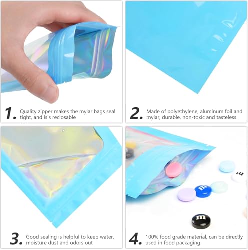 Funfery 100pcs Mylar Holographic Bags-Resealable Zipper&Clear Window (Blue, 3.9 x 7.1 Inch) - color: Blue, size: 3.9 x 7.1 Inch