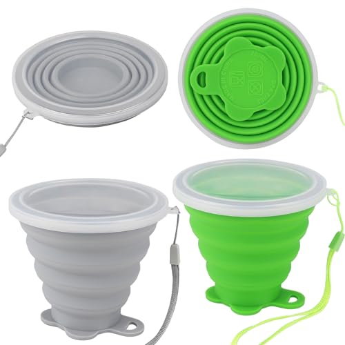 JBER Silicone Collapsible Travel Cup, Silicone Folding Camping Cup with Lids Expandable Drinking Cup Set BPA Free Reusable Portable Graduated for Outdoor Hiking Travel - color: Gray & Green