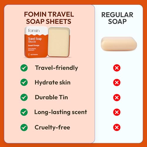 FOMIN - Paper Soap Sheets for Traveling - 100 Orange Portable Camping Soap Sheets for Travel in Tin - Dissolvable Mini Portable Travel Soap Sheet for Hand Washing - color: Orange