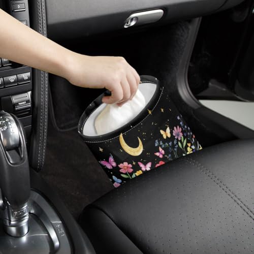 Wildflowers Moon Car Trash Can Butterflies Waterproof Car Garbage Can Car Seat Back Hanging Trash Bag Camping Garbage Bin Storage Bag Collapsible Trash Container for Car 5.9 x 7.3 in - color: Wildflowers butterflies