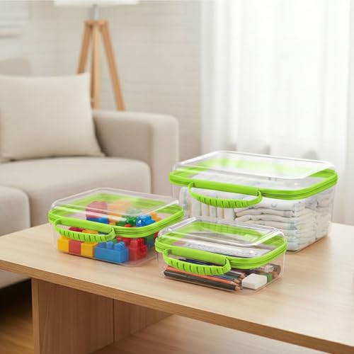 3 Pack Deep Clear Hard Shell Zipper Cases with Handle (Green) | Travel Toiletry Bag, Waterproof 1.2mm PET Hard Plastic Pouches, Organizer Box for Makeup, Toy, Snack, Stationery, Diaper - color: Green Handle(L+M+S)