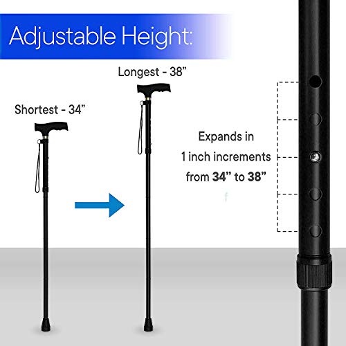 Folding Lightweight Walking Stick - Adjustable Aluminum Metal Collapsible Travel Cane with Non-Slip Rubber Base - color: Upgraded-Black