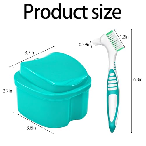 2 Pack Denture Bath Case Cup with Lid and Strainer Basket, Retainer Cleaner Case Dental False Teeth Container with 2 Travel Brushes, Lake Green and Dark Blue - color: Lake Green & Dark Blue