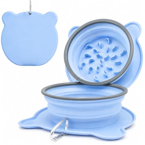 Collapsible Dog Bowls, 2-in-1 Silicone Pet Food and Water Bowl with Carabiner - Portable Double Compartment Travel Dish for Dogs, Ideal for Camping, Hiking (Light Blue) - color: Light Blue