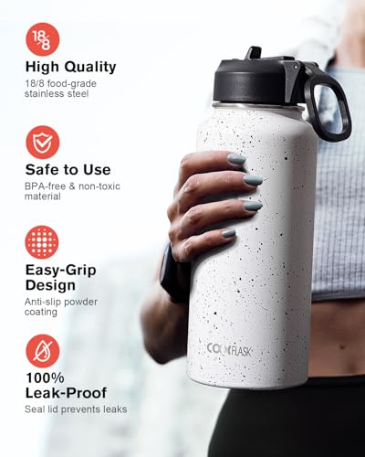 Coolflask 32 oz Water Bottle Insulated with Straw & 3 Leakproof Lids | Water Flask Stainless Steel Triple-Wall Vacuum,Cold 48+h, Dishwasher Safe,Wide Mouth,BPA-Free,Carrier Bag,for Gym,Hiking - color: Arctic White, size: 32 Ounces