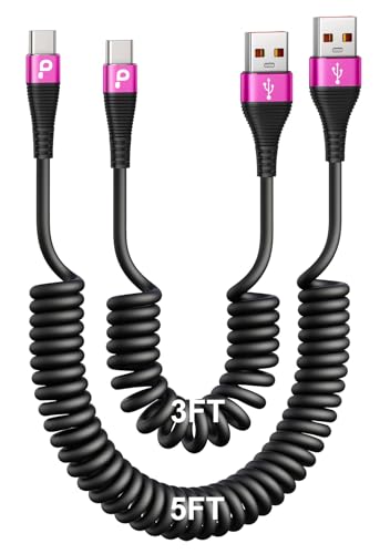 Coiled USB A to USB C Cable for Car, 3FT/5FT USB C Cable Fast Charging | USB Type C Charging Cord Compatible with iPhone 17/16/15 Pro Max/Samsung Galaxy S20 S10 and More USB C Devices-Rose Red - color: Rose Red, size: 3FT/5FT, style: USB A to USB C