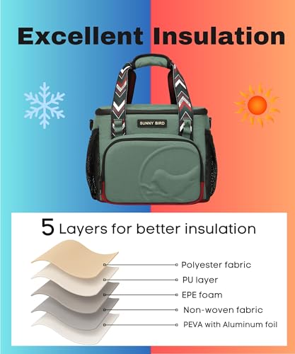 SUNNY BIRD 12L Large Insulated Lunch Bag, Foldable Lunch Cooler Box for Women Adult and Men, Fits 18 Cans (Green with Boho Strap) - color: Green with boho strap