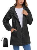SaphiRose Women's Lightweight Long Rain Jacket Packable Raincoat Hooded Outdoor Trench Coats - color: Black, size: Small