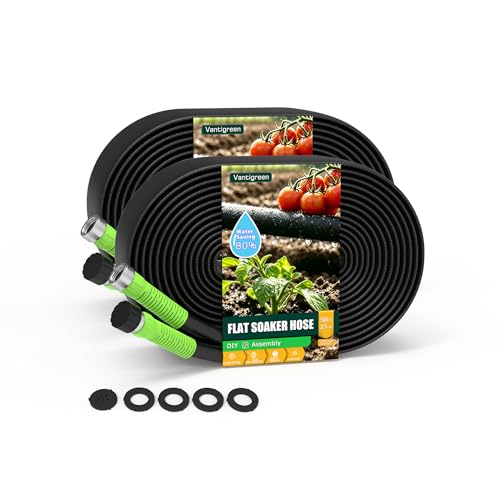 Flat Soaker Hose 100FT for Garden, 2Pack 50FT Upgrade Drip Irrigation Hose with Anodized Metal Ends and Heavy Duty Double-Layer, Leakproof & Flexible Water Saving 80% Hose for Lawn, Beds, Vegetable - size: 100FT(50FT*2)