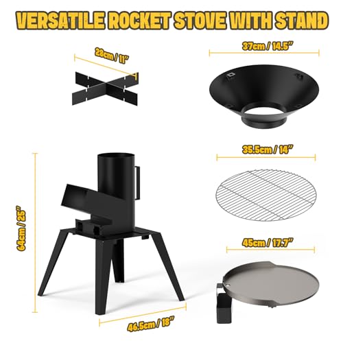 ONLYFIRE GRILLS 3-in-1 Rocket Stove Combo with Stand, Camp Stove GS345 | Including BBQ Grate, Griddle, Pot Rack, Portable Wood Burning Stove for Outdoor Cooking Patio Barbecue Camping RV Tailgating - style: GS345 WITH STAND