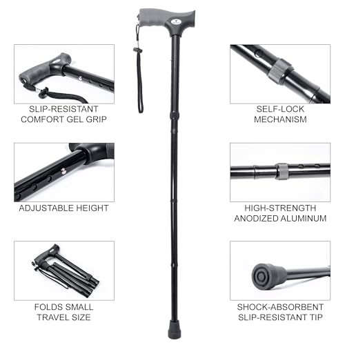 FSA/HSA Eligible, Vaunn Medical Easy Grip Height Adjustable Folding Cane/Walking Stick with Strap/Pouch- Compact, Portable, and Safe Walking Assistant- Non-Slip Grip Handle- Men, Women, Elderly - style: Standard Tip