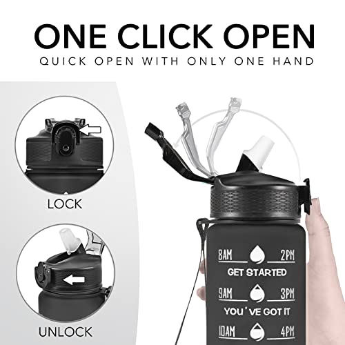 Hyeta Water Bottle with Straw & Time Marker, Plastic 32oz Leakproof - color: Black Matte