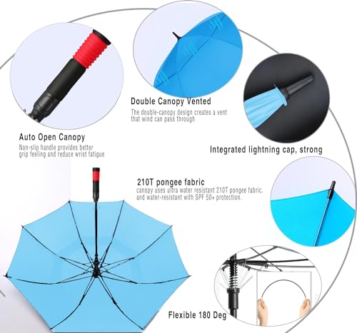62/68/72 Inch Large Golf Umbrella Windproof Waterproof Auto Open | Oversized Double Canopy Vented, 210T Waterproof Pongee Fabric, Light Fiberglass Frame, Unique Red Foam Handle - color: Blue-Red Handle, size: 62"