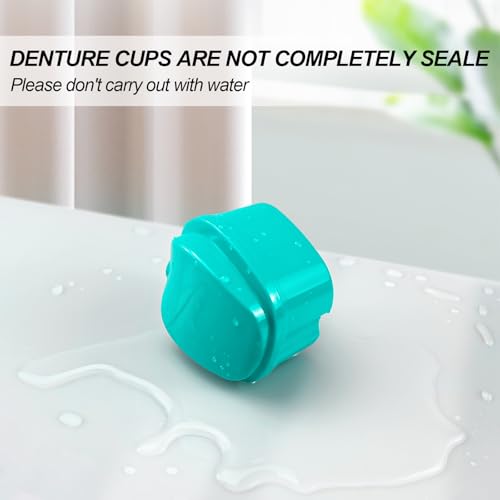 2 Pack Denture Bath Case Cup with Lid and Strainer Basket, Retainer Cleaner Case Dental False Teeth Container with 2 Travel Brushes, Lake Green and Dark Blue - color: Lake Green & Dark Blue