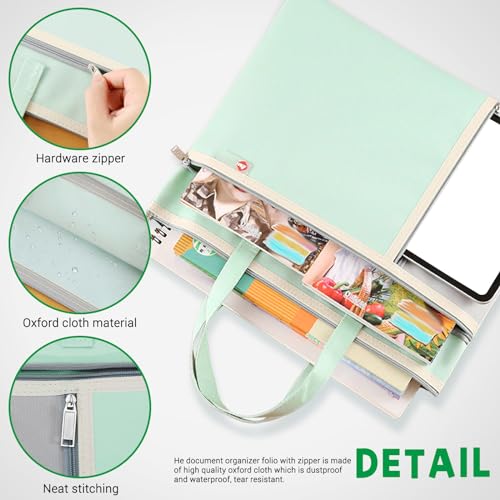 2Pcs A4 Waterproof Document Bag File Organizer, 3 Pockets Oxford Zipper Pouches for Organizing with Handle, Notary Bag for Paper Books Project Tote Bag, Green and Pink