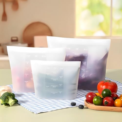 Large Reusable Food Bags 4 Pack, 1.5 Quart(50.7fl.oz) 100% Silicone Storage Bags Stand Up Zip Silicone Food Container, Freezer Microwave Oven Dishwasher Safe, Translucent - color: Translucent | Medium | 4 Pack