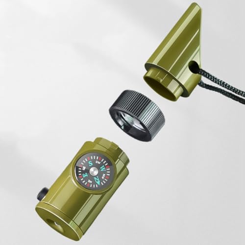 7-in-1 Survival Whistle, Emergency Multi-Tool Kit - Compass, Waterproof Sealed Container, Magnifying Lens, Signal Mirror, Flashlight, and Thermometer