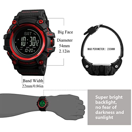 Watch Compass, Altimeter Barometer Thermometer Temperature, Pedometer, Military Army Waterproof Outdoors Sport Digital Watch for Men - color: Red