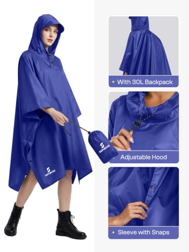 SaphiRose Hooded Rain Poncho Waterproof Raincoat Jacket for Men Women Adults - color: Deep Blue