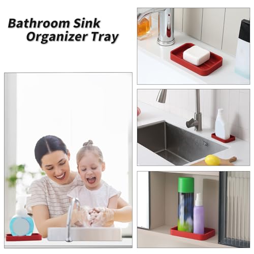 MicoYang Silicone Kitchen Sink Organizer Tray for Multiple Usage,Easy Clean Sponges Holder for Kitchen Bathroom Counter or Sink,Dish Soap Dispenser,Scrubber,Bottle,Cup Red 4.9”x 3.2” - color: Red, size: 4.9" x 3.2" x 0.7"