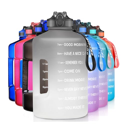 SLUXKE 1 Gallon Motivational Sports Water Bottle with Time Marker, BPA Free 128oz Leak Proof Jug, Black, Plastic, 128 ounces, Fitness, Sports, Outdoor Activities - color: Gray White