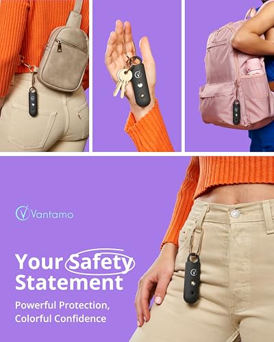 Vantamo Personal Alarm for Self Defense with Low Battery Notice, Strobe Light & Extra Loud 130 dB Double Speakers Safety Keychain Set for Women, Rechargeable Panic Button for Womens Self Defense - color: Charcoal