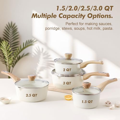 SENSARTE 2.0 & 3.0 Quart Ceramic Sauce Pan Sets with Lid, Cooking Pots Set, Nonstick Saucepan Set with Pour Spout, Small Kitchen Pot, Non toxic Saucepot, Induction Comptable, PFOA PTFE PFAS Free - color: Ceramic White, size: 2.0 + 3.0 Quarts