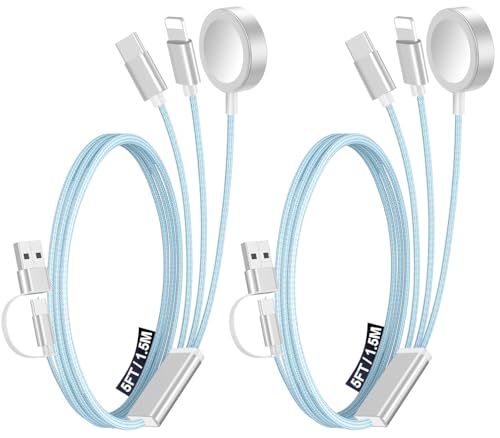 2Pack Travel Essentials for Apple Watch Charger,3-in-2 Multi Charging Cable | Cruise Vacation Camping Essentials for iPhone Charger,Type C/Lightning for iWatch,iPhone 17-12,Xbox Series X&S-5FT Blue - color: Blue, size: 2Pack-5 FT