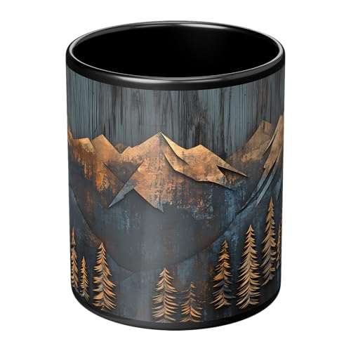 Mountains and Forest Trees Coffee Mug – One Mug, Full Wrap Design (Not Textured) – Outdoorsy Gift for Nature Lovers, Hikers, Campers & Rustic Cabin Decor – 11oz Black Ceramic Cup - size: 11 Ounces